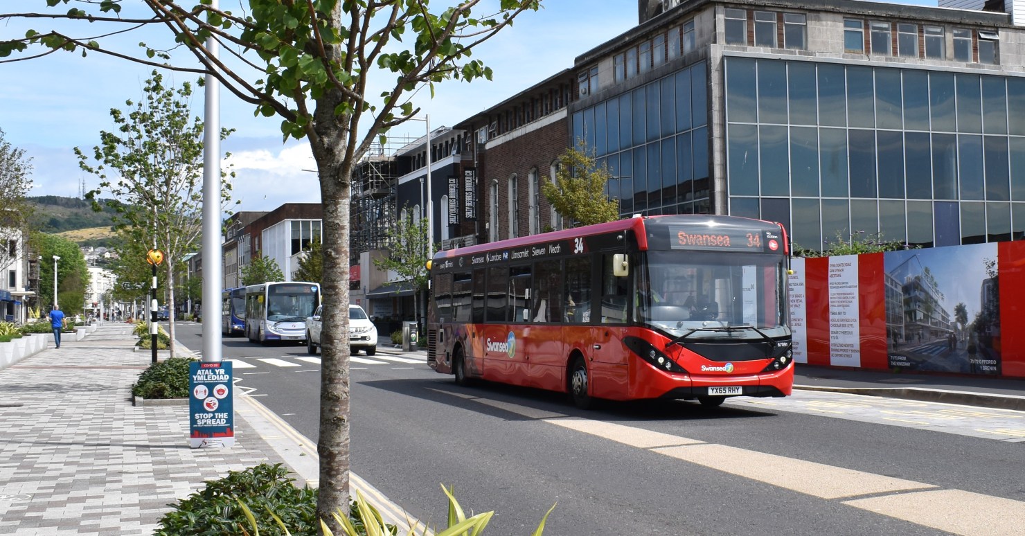 A First Cymru bus on Swansea's Kingsway