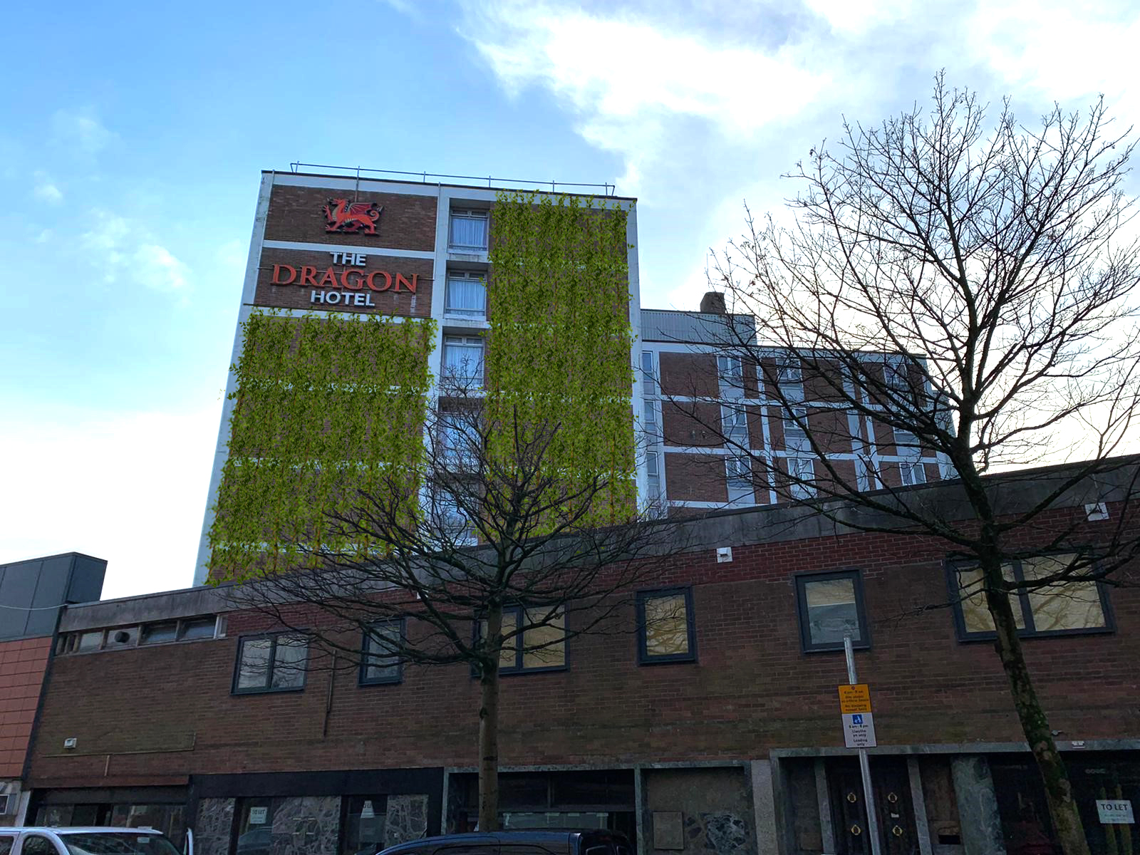 Dragon Hotel with CGI Green Wall – view from Bellevue Way