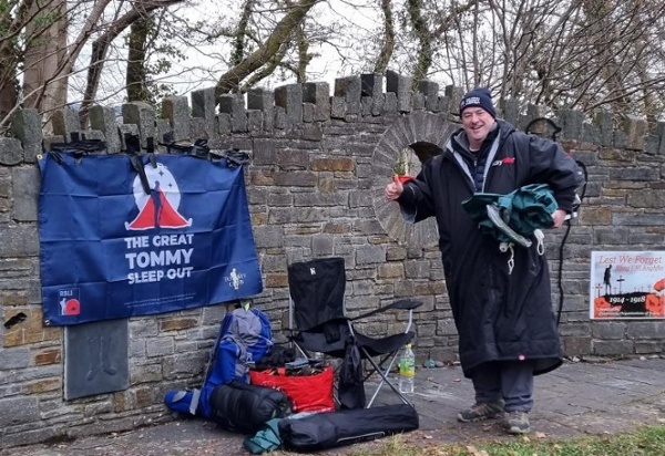 Steve sleeping out at the Memorial Tommy Wall, St Anne’s in Neath
