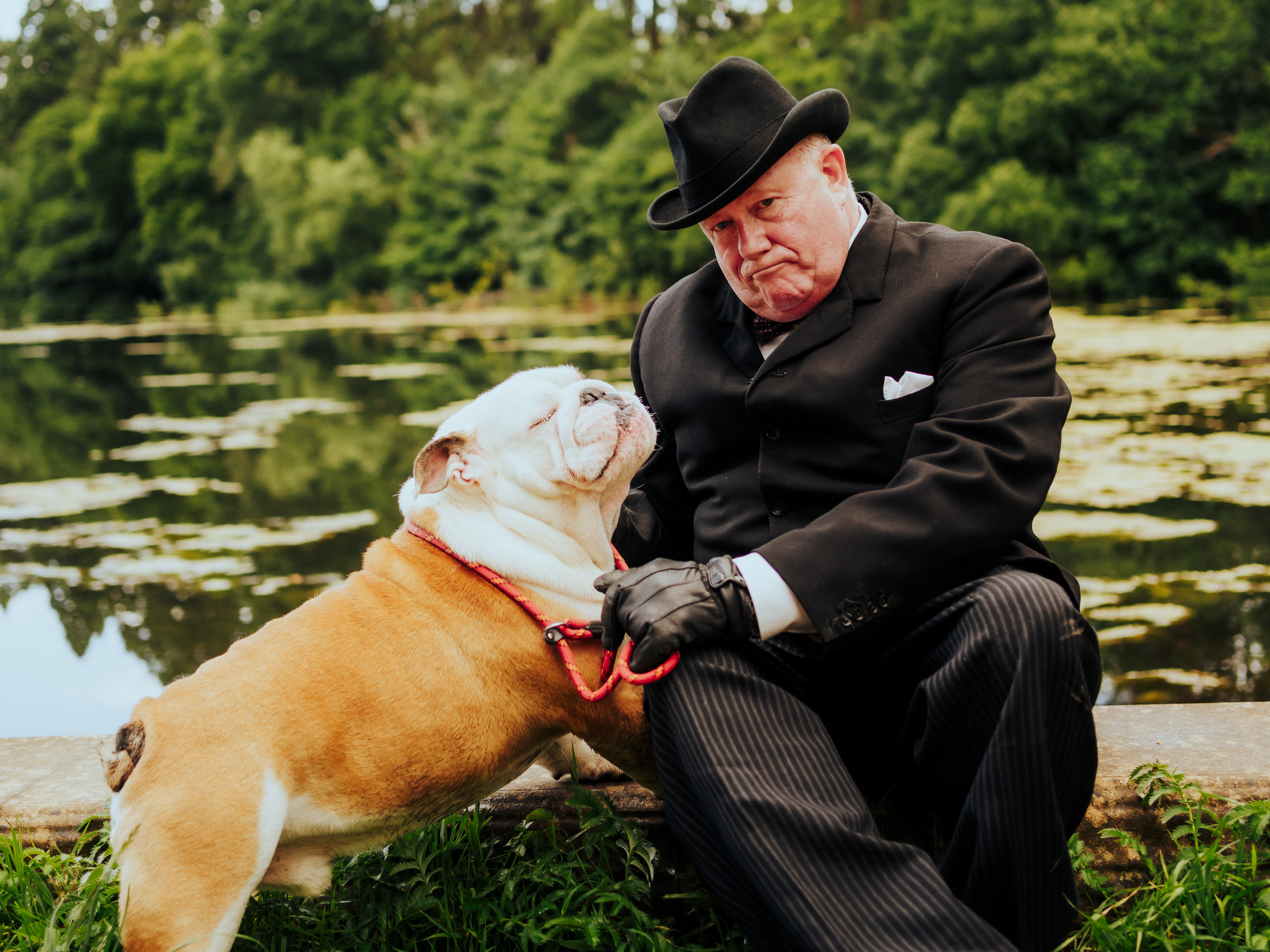 Patrick Legge as Winston Churchill with Winston the bulldog.