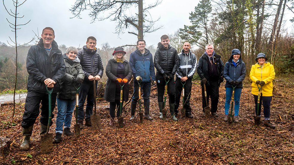 Staff from Swansea Building Society plant 100 trees at Penllergare Valley Woods to celebrate centenary