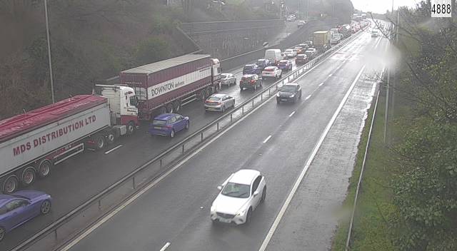 Traffic on the M4 after sections of the motorway were closed due to high winds (Image: Traffic Wales)