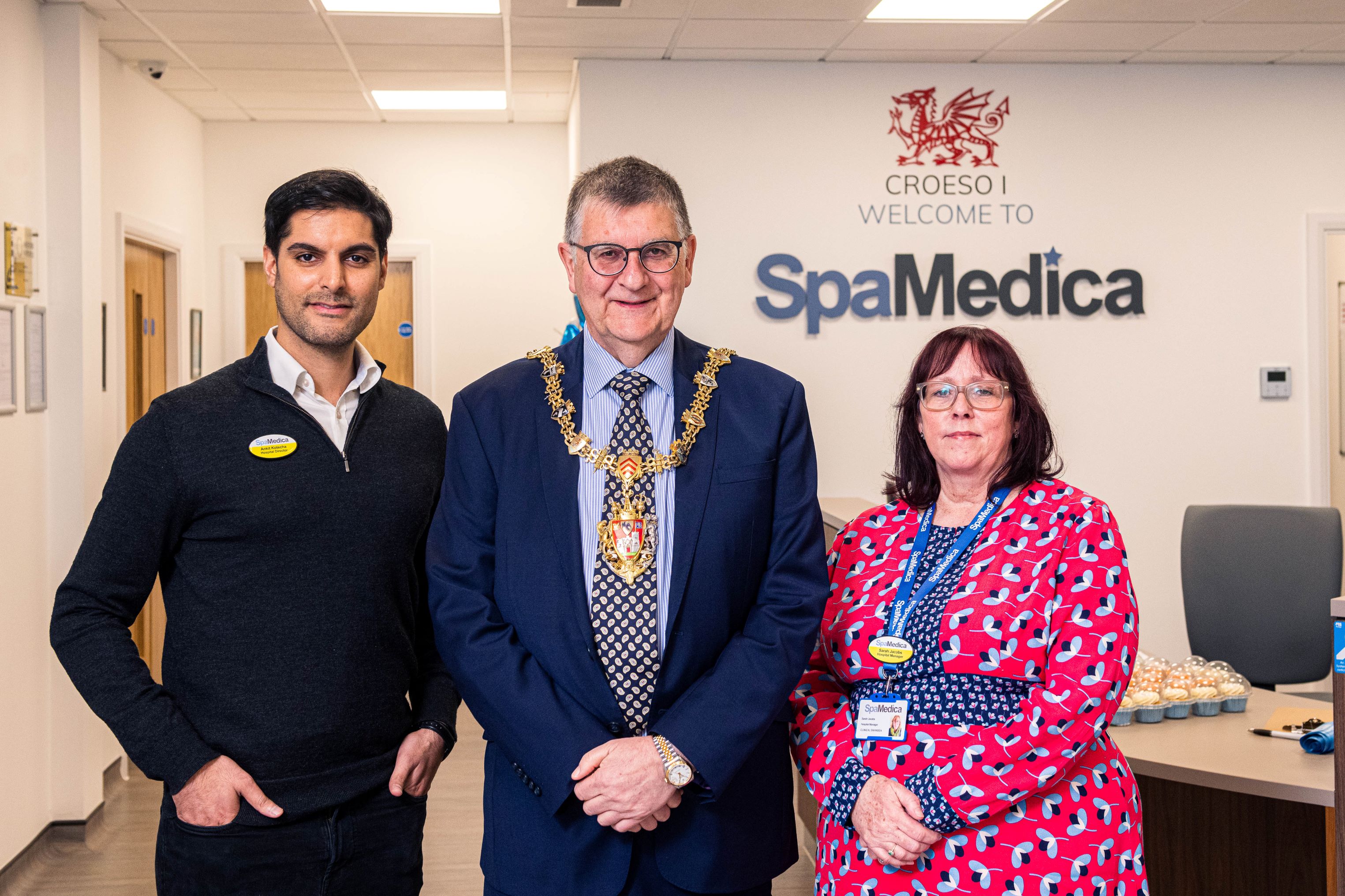 L-R Ankit Kotecha - Hospital Director, Lord Mayor of Swansea - Councillor Mike Day, Sarah Jacobs - Swansea's Hospital Manager