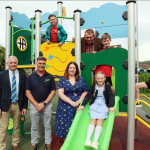 Children from Tonna Primary School with (top) NPT Council project development and funding manager Paul Hinder and (Inset) local member Cllr Dean Lewis with (below) Cllr Jeremy Hurley, a representative of contractors Sutcliffe Play and local member Cllr Leanne Jones.