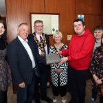 Members of the Neath Port Talbot Youth Council alongside Mayor, Councillor Robert Wood, Mayoress, Mrs Sylvia John, and EWC Quality Mark Development Officer, Andrew Borsden
