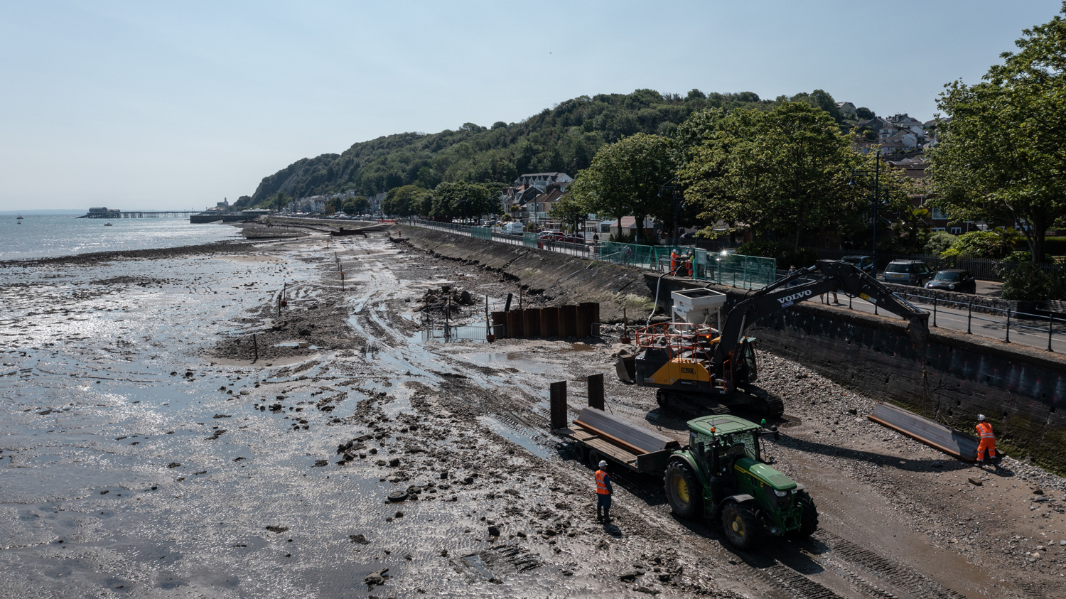Drone footage of Mumbles sea defence construction work progress