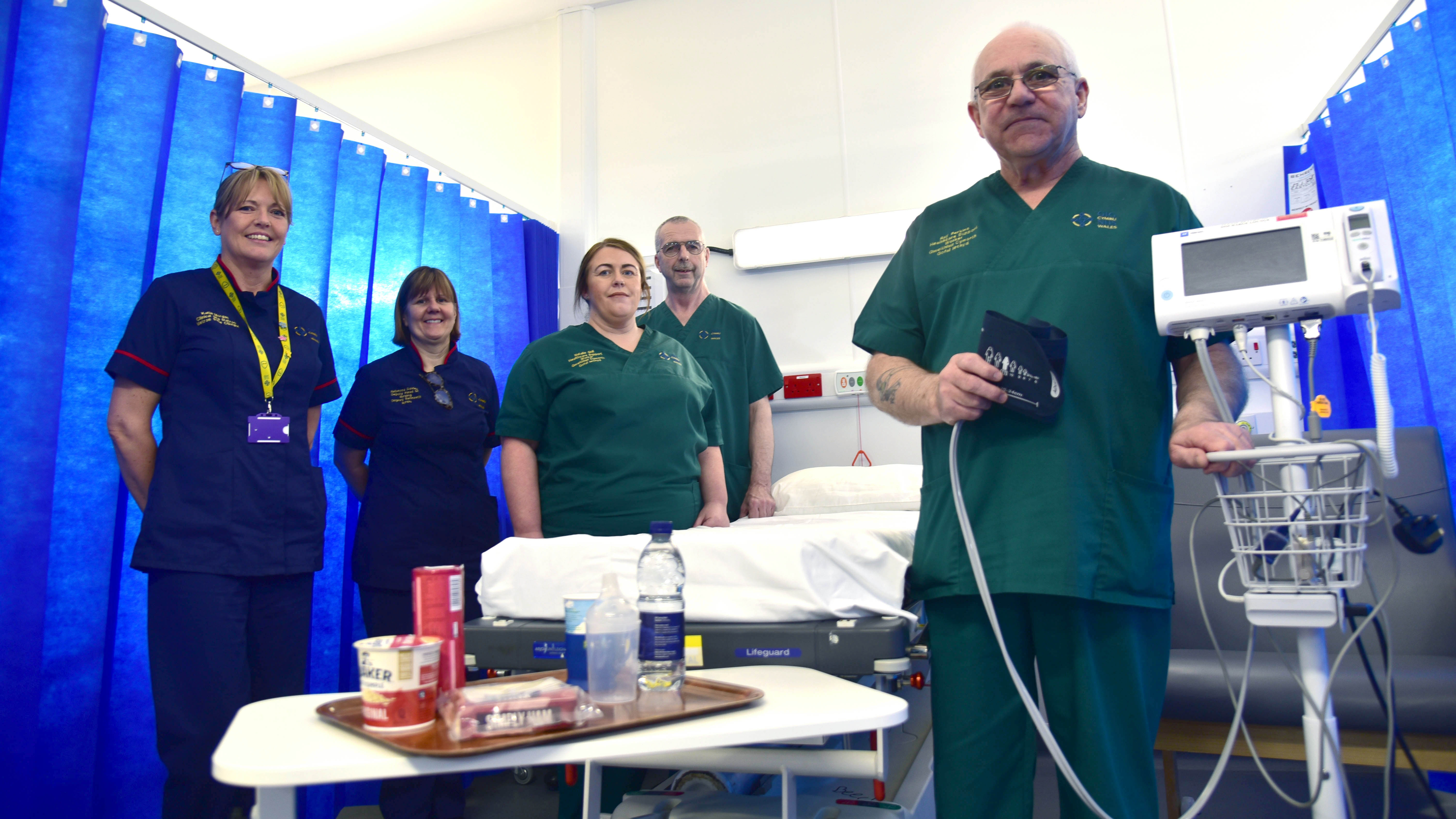 Pictured: (left to right) Katie Morgan, lead clinical site matron, Rebecca Davies, senior matron Emergency Care and Hospital Operations, Natalie Gull, Jerry Hughes and Ray Perkins, healthcare support workers.