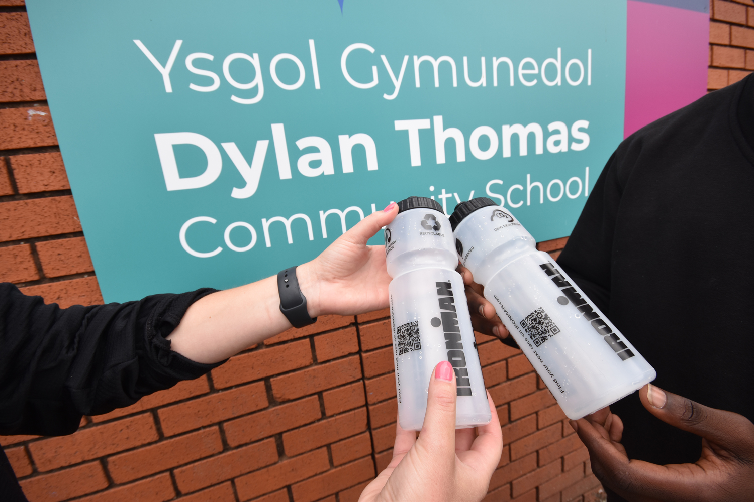 The water bottles donated to Dylan Thomas Community School