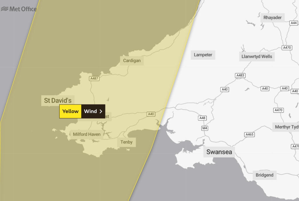 A yellow weather warning for very strong winds has been issued as Storm Betty is set to hit western parts of Carmarthenshire, Pembrokeshire and Ceredigion.
