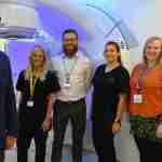 Dr Owen Nicholas, consultant clinical oncologist; Victoria Morris, research radiographer; James Williams, consultant clinical scientist (radiotherapy physics); Bethan Williams, research radiographer, Rebecca Slinger, clinical scientist (radiotherapy physics); and Joseph Snelling, advanced radiotherapy physics technologist.