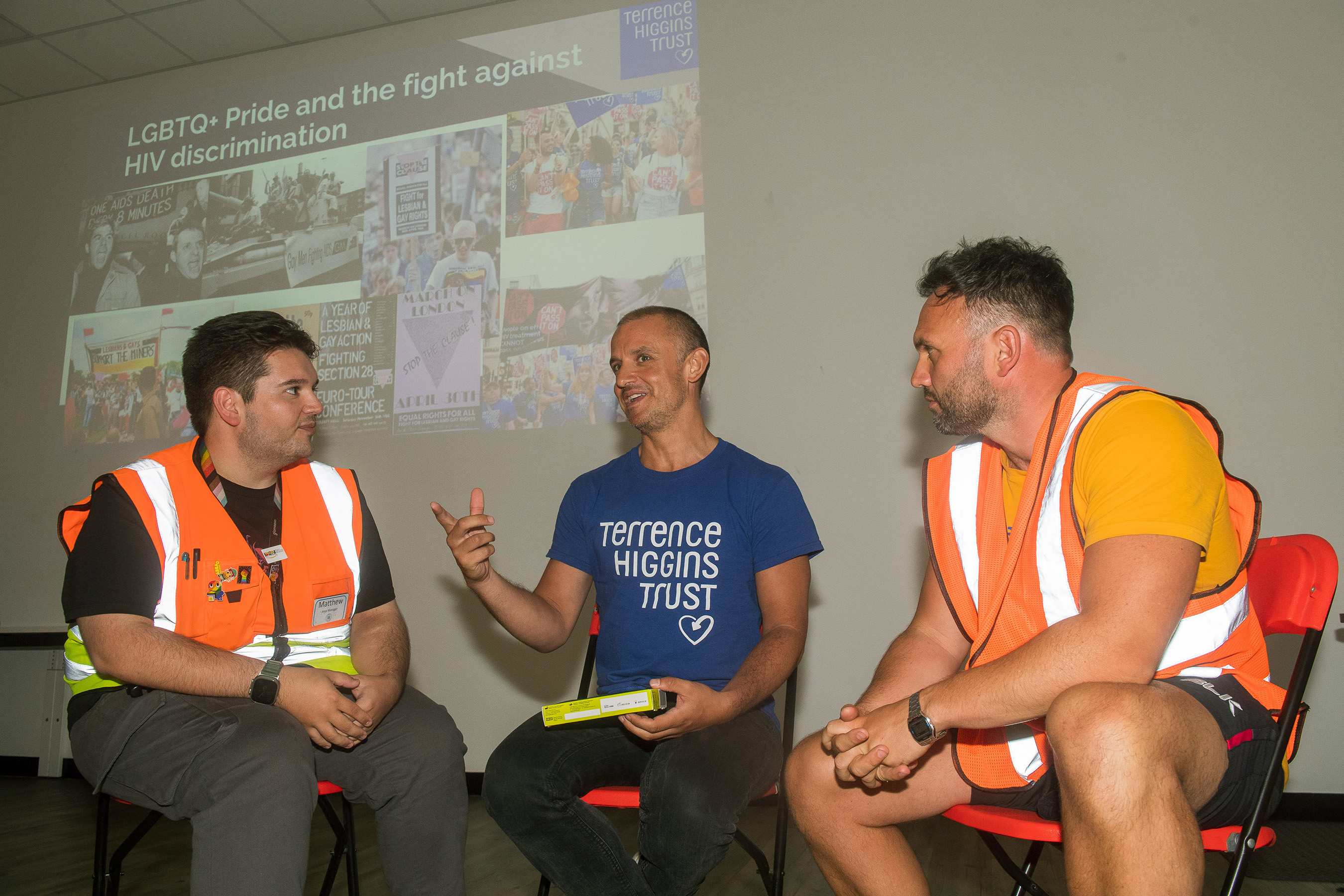21.06.23 - The Terrence Higgins Trust speak to Amazon associates about AIDS awareness at CWL1 Swansea during Pride Month (L-R) Matthew Wood, Phil Dehany and Richard Shackley