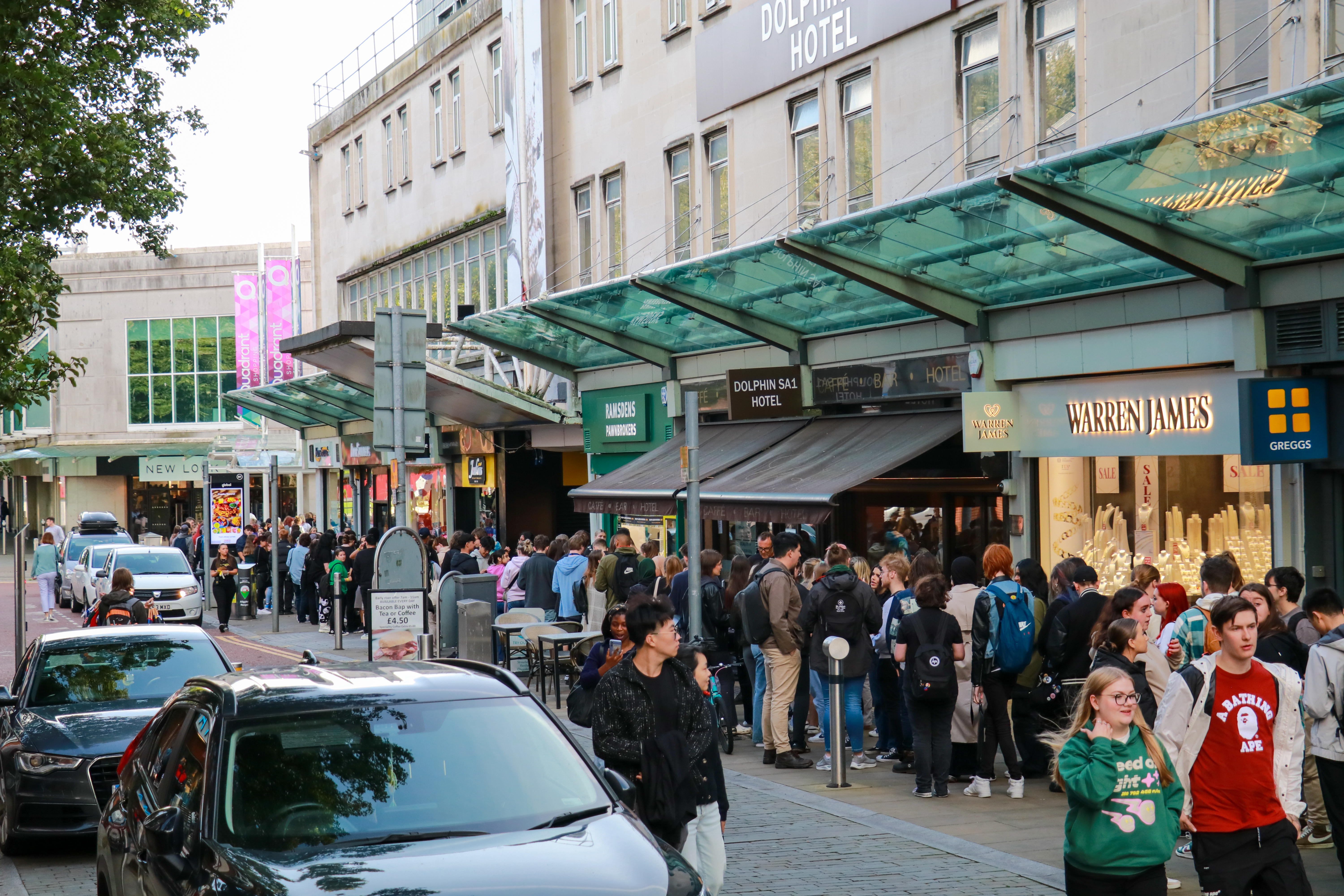 Students queuing up along Whitewalls to shop at Swansea Market and the Quadrant Shopping Centre