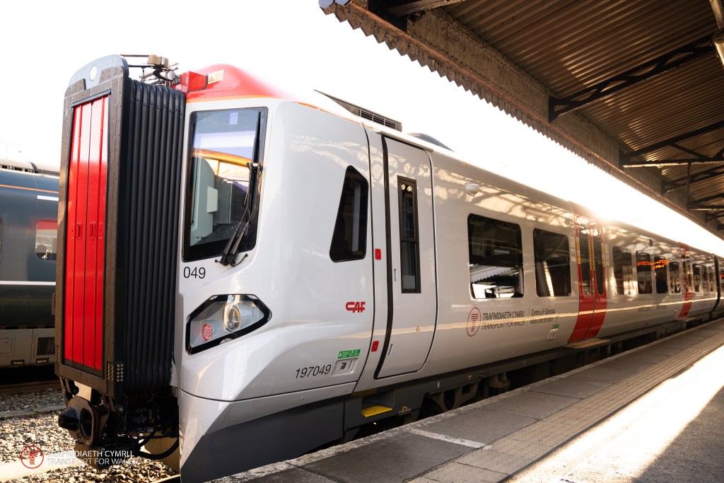 The newly named Carew Castle Express class 197 Transport for Wales train at Carmarthen Train Station