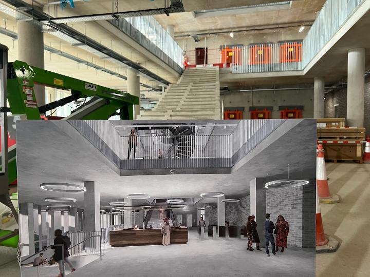 The central atrium of the new 71/72 Kingsway office development as it looks now and (inset) an artist's impression of how it will look when completed