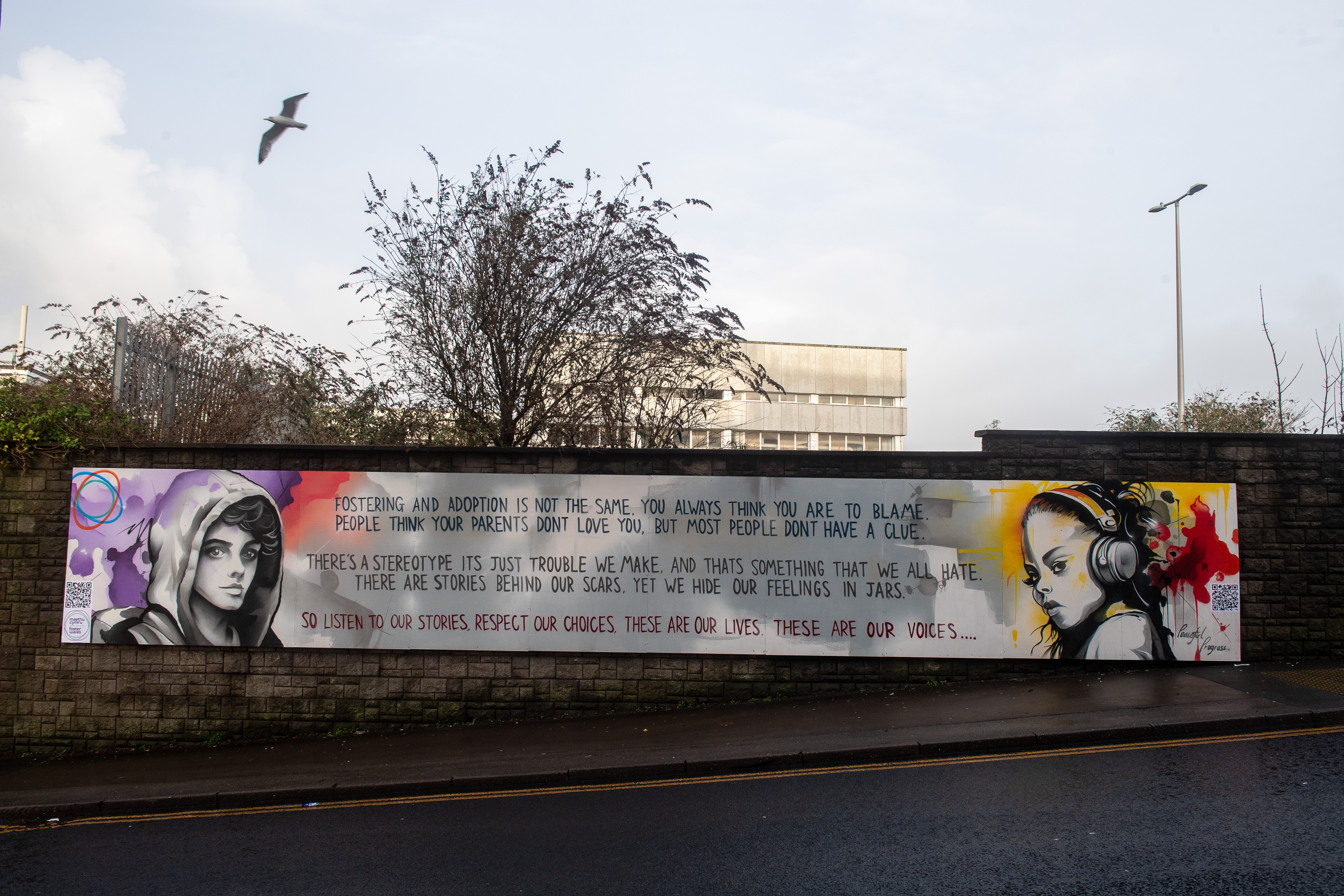 The Foster Wales mural in Bridgend town centre depicting the words of teenagers in care that was penned in conjunction with former Wales Children’s Poet Laurate Connor Allen.