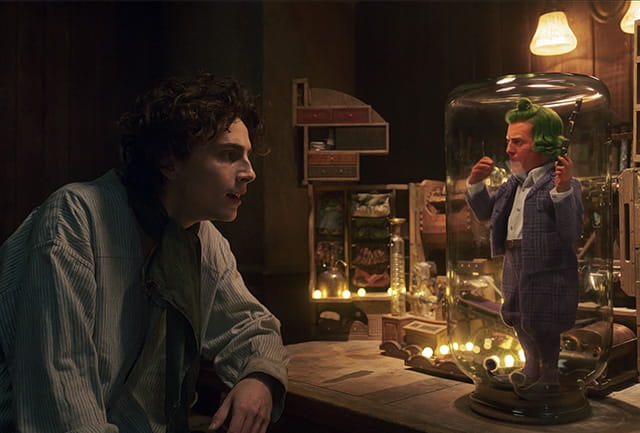 Timothée Chalamet and Hugh Grant in Wonka