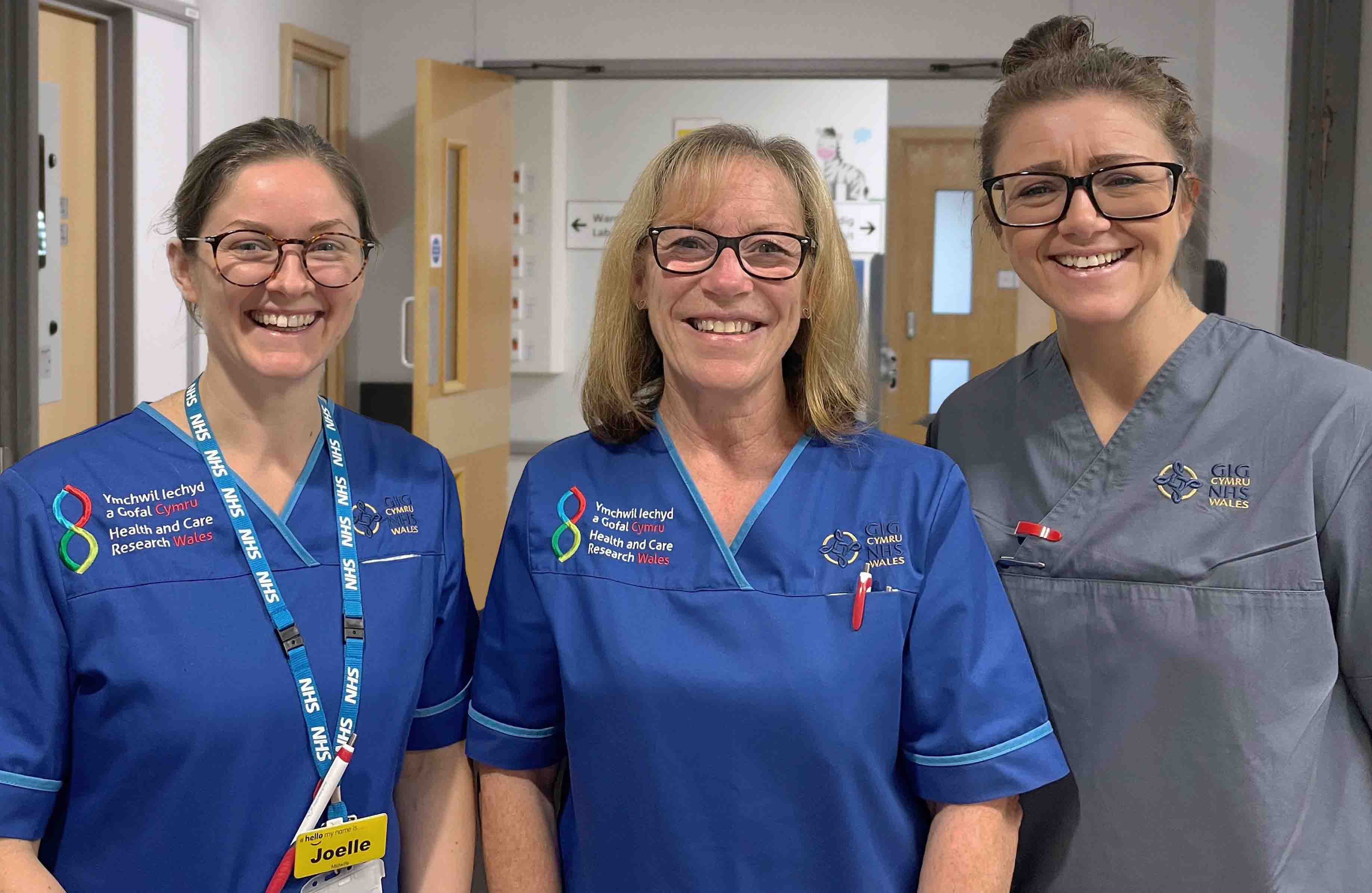 Research midwives Joelle Morgan, Sharon Jones, and Lucy Bevan