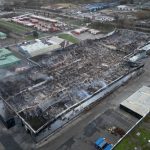 Aerial view of scene of fire at Formaction, formerly Sony UK, at the Kingsway Industrial Estate in Bridgend, Wales