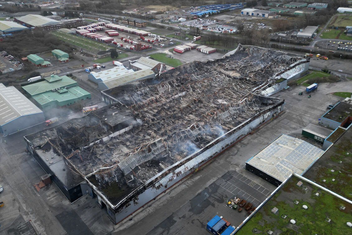 Aerial view of scene of fire at Formaction, formerly Sony UK, at the Kingsway Industrial Estate in Bridgend, Wales
