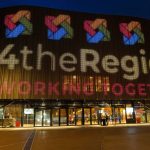 Swansea Arena lit up for 4TheRegion's Swansea City Centre Conference on March 17th 2022