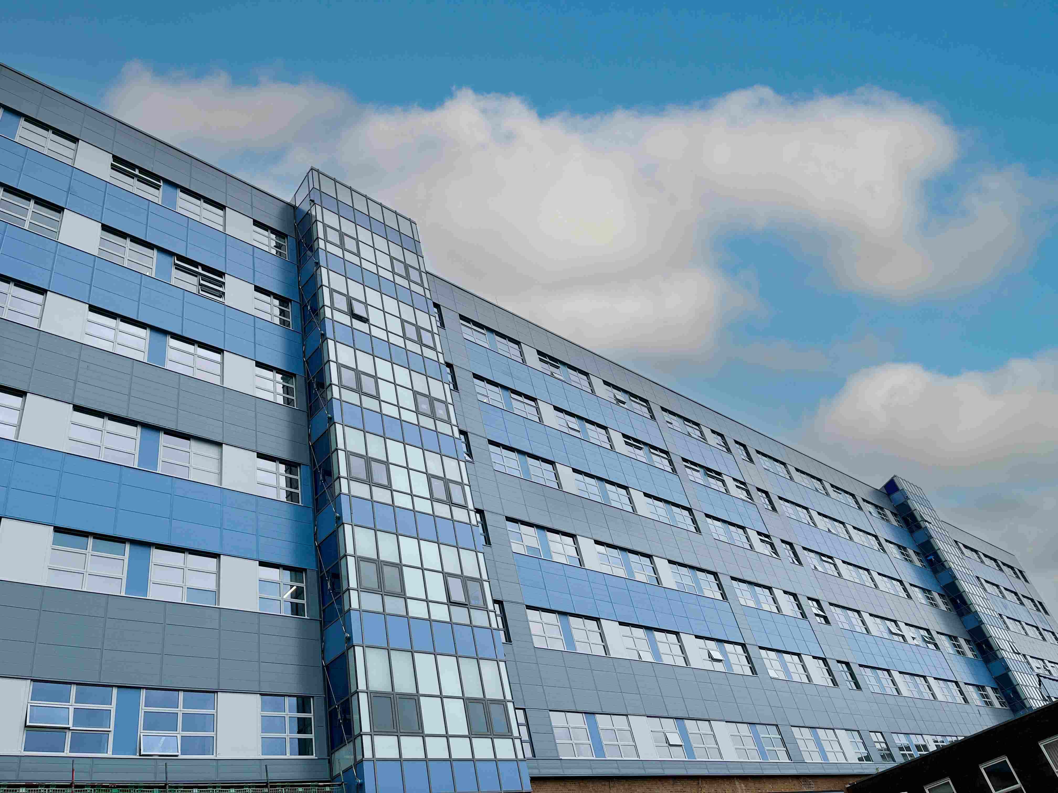 Work to the main block's cladding and windows is now complete.