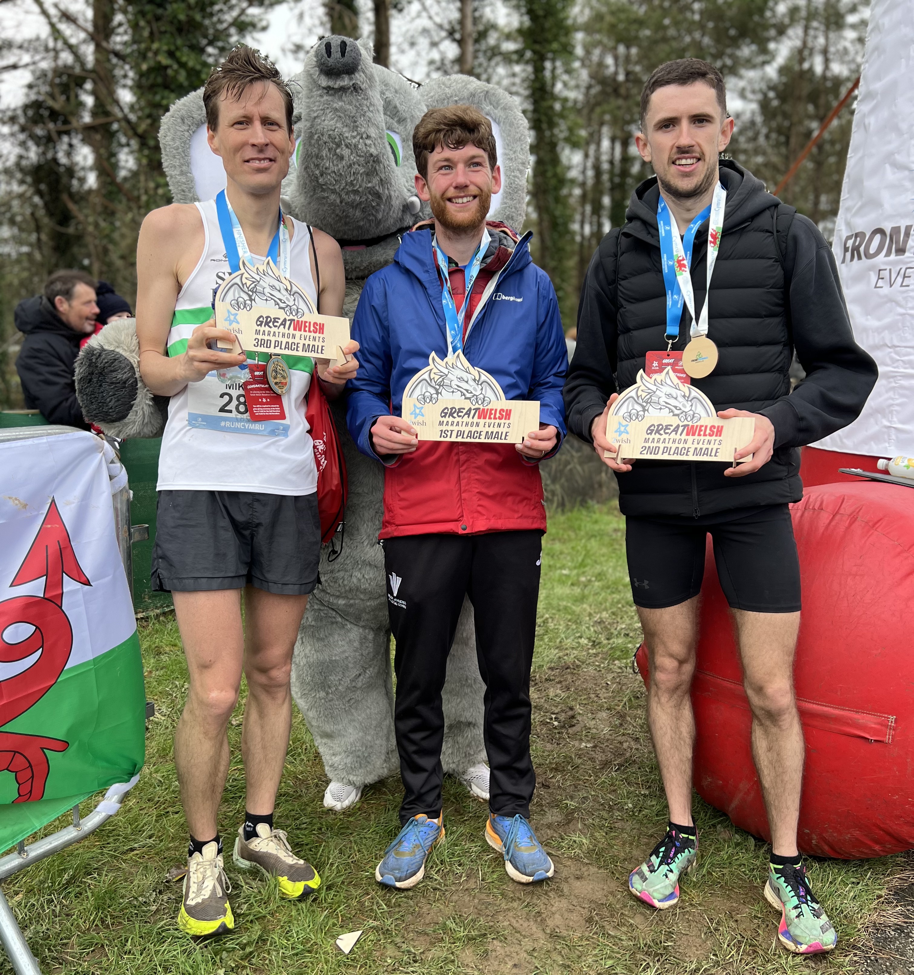 Marathon winner, Dan Osborn-Nash of Cardiff Athletics, second placed Dominic Perry and third placed, Mikey Bryant from Swansea Harriers