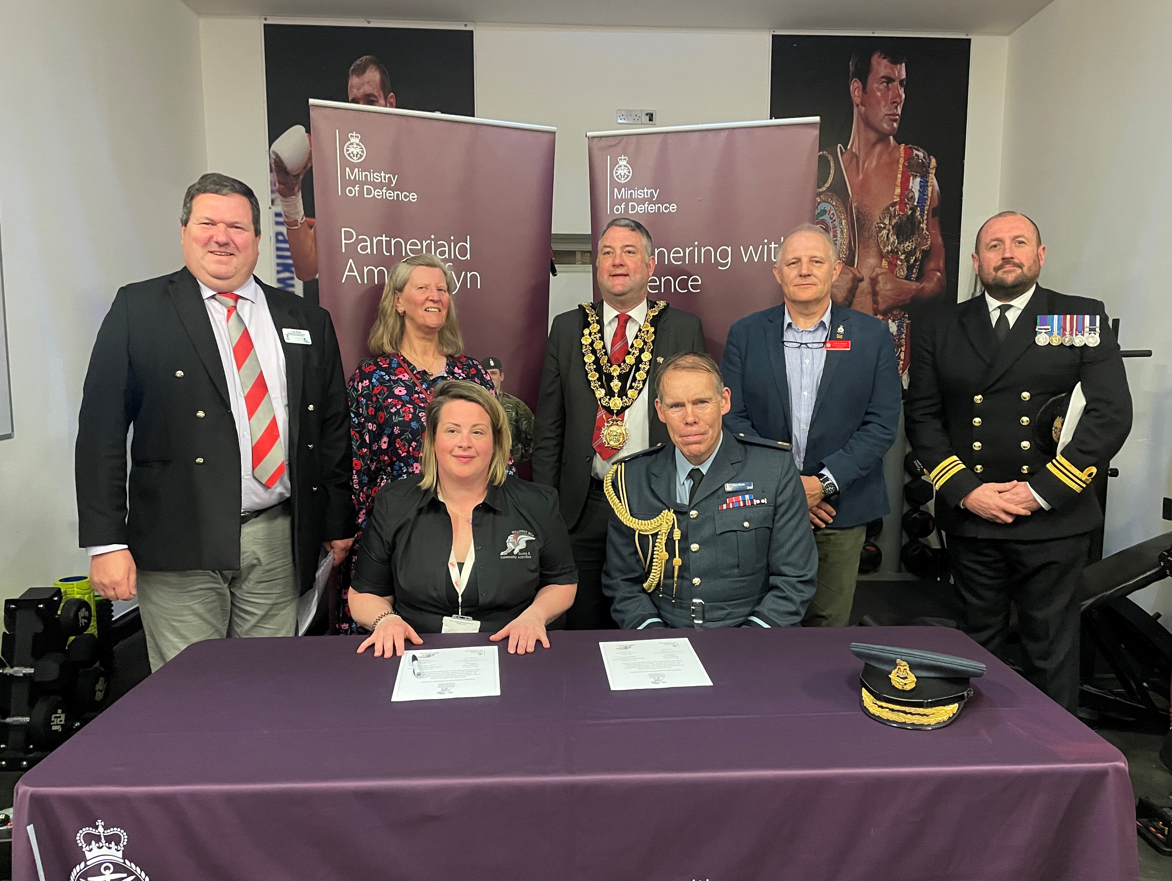 Craig Middle, Regional Employment Director, Reserve Forces and Cadets Association, Finola Pickwell, Local Armed Forces Liaison Officer, NPT Mayor, Cllr Chris Williams, Veterans Commissioner for Wales, Colonel James Phillips, Lieutenant Commander Andy Davies, front row, Ceri Stilwell and Air Commodore Robert Woods.