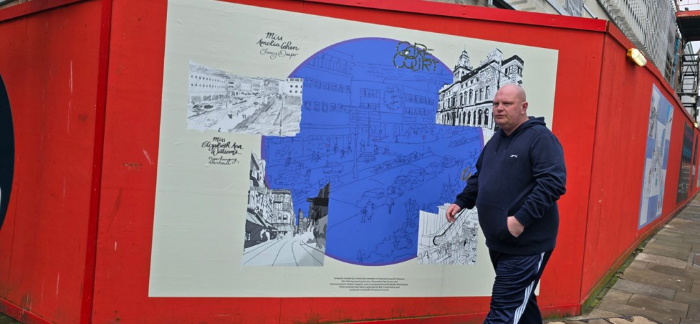 Examples of new public artworks installed on safety hoardings outside Swansea city centre’s emerging new community services hub Y Storfa. Pic: Swansea Council