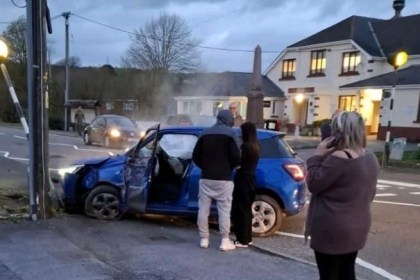 The aftermath of the accident where a car collided with a zebra crossing in Pontyates