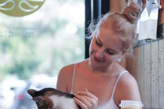 photo of woman holding a tabby cat