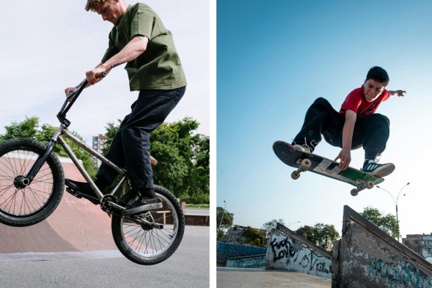 A stock image showing skateboarding and BMX riding at a skate park