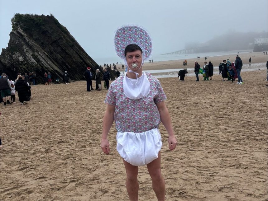 Lloyd at his Boxing Day fundraising swim in Tenby and the New Year’s Day swim in Saundersfoot