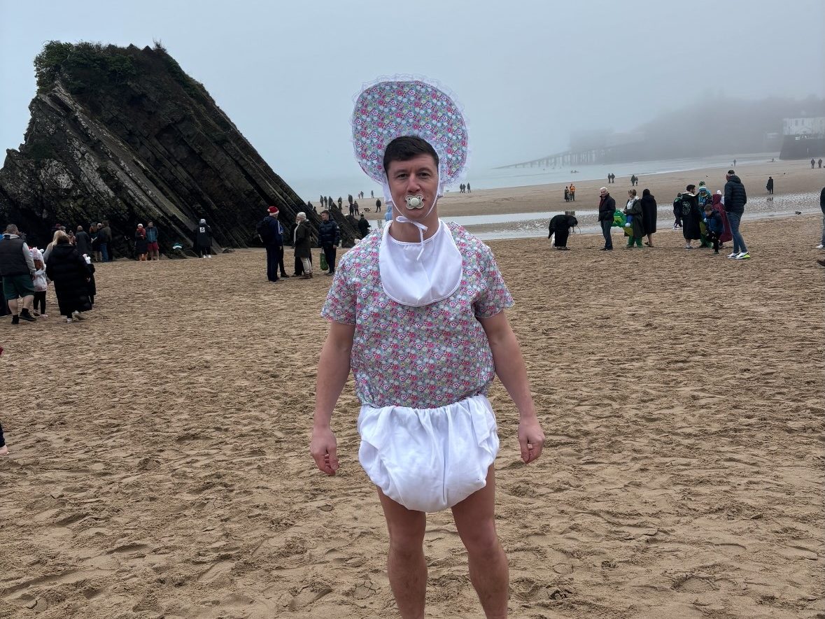 Lloyd at his Boxing Day fundraising swim in Tenby and the New Year’s Day swim in Saundersfoot