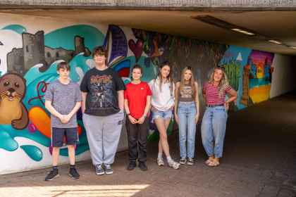 Young People: Carly Sharief, Ayden Jones, Isaac Roach, Ffion Price, Lateesha Boyd, Youth Worker Ell Lewis with Lloyd Roberts. Photography by: Richard Hankinson