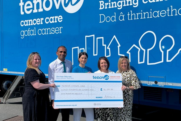 Ashmole & Co Partners handing over a cheque for £16,109.55 to Clare Davies, Regional Fundraising Manager for Tenovus Cancer Care outside one of the mobile support units. L-R: Ashmole & Co Partners - Christine Daultrey, Vinal Patel, with Clare Davies from Tenovus Cancer Care in the middle, Sharon George and Laura Craddock.