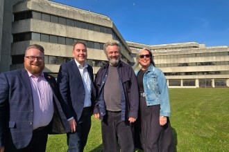 Elliott King, cabinet member for culture, human rights and equalities, Swansea Council; Rob Stewart, leader, Swansea Council; Michael Sheen, artistic director, Welsh National Theatre; Sharon Gilburd, chief executive officer, Welsh National Theatre