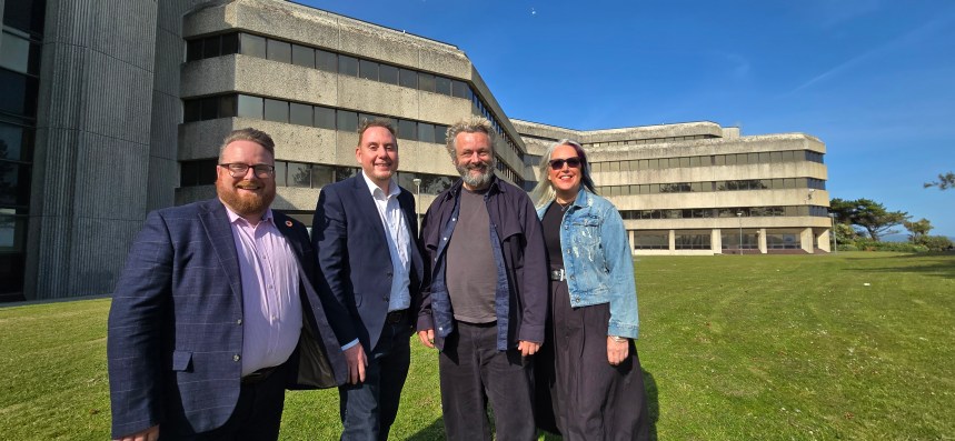 Elliott King, cabinet member for culture, human rights and equalities, Swansea Council; Rob Stewart, leader, Swansea Council; Michael Sheen, artistic director, Welsh National Theatre; Sharon Gilburd, chief executive officer, Welsh National Theatre