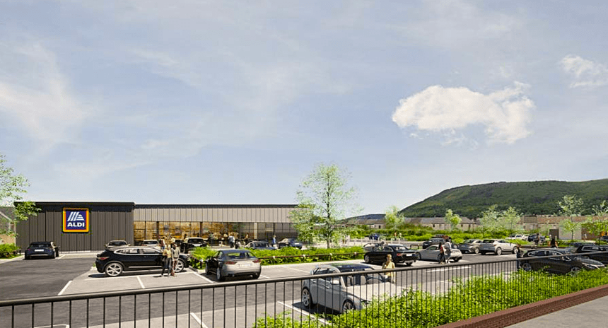 Artist's impression of the proposed Burrows Yard Aldi and Starbucks
