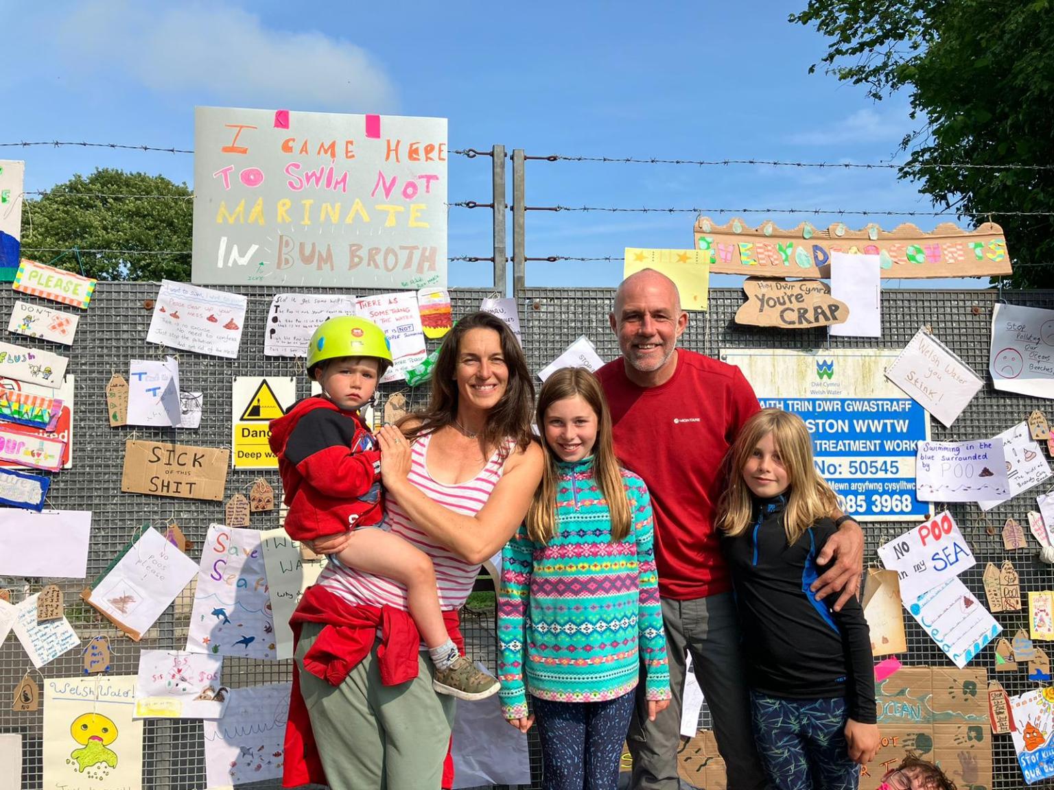 David Haines-Hanham and his family at the Bishopston Treatment Plant protest