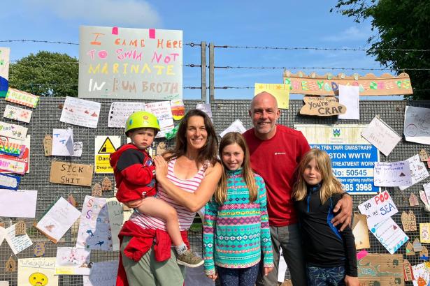 David Haines-Hanham and his family at the Bishopston Treatment Plant protest