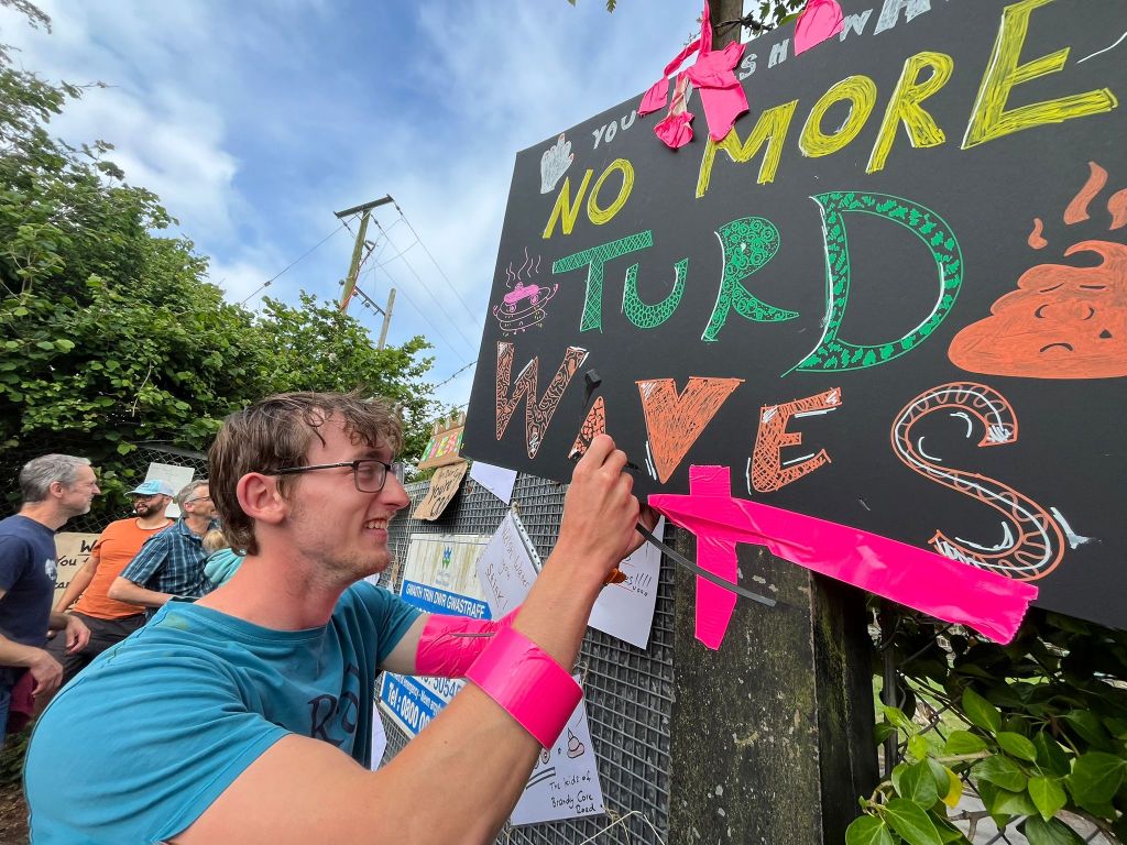 A placard at the Bishopston Treatment Works protest
