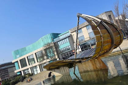 Leaf Boat sculpture in Castle Square before redevelopment, showing the glass and steel artwork in its original setting.