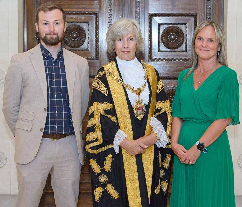 Lord Mayor of Swansea, Cheryl Philpott, with Swansea Bay Health Charity's charity support manager, Lewis Bradley, and SWWCC oncology service manager Kate Ashton