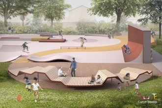 Artist's impression of the proposed plaza-style Victoria Park skatepark in Swansea