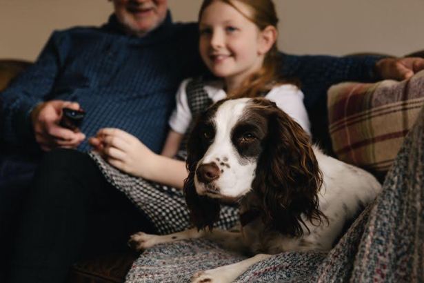 Family with dog sitting on the couch