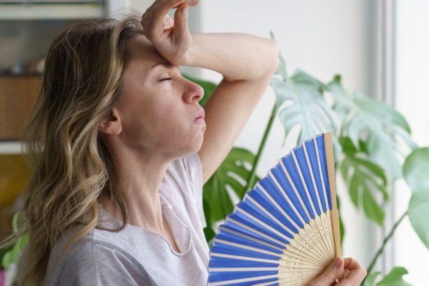 A woman fanning herself by the window during a heatwave