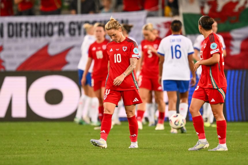 Wales’ Jessica Fishlock is dejected after her side concedes a goal during the UEFA Women’s Euro 2025 Group D Match between England and Wales at the St.Gallen Arena, in Switzerland. (Image: Ashley Crowden / FAW)