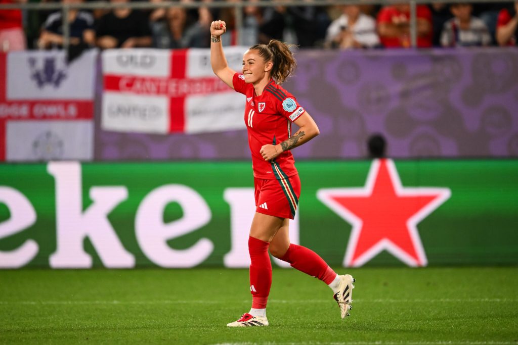 Wales’ Hannah Cain celebrates her goal to make it 5-1 during the UEFA Women’s Euro 2025 Group D Match between England and Wales at the St.Gallen Arena, in Switzerland
(Image: Ashley Crowden / FAW)