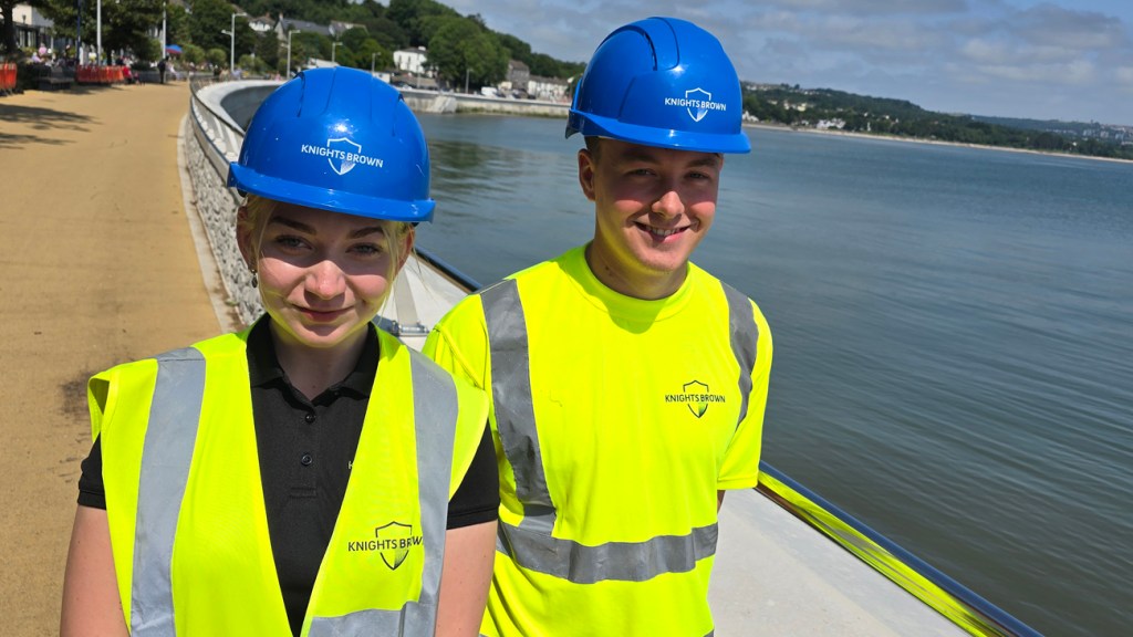 Knights Brown apprentices Porsche Demery and Brandon Worth are among those to have worked on the Mumbles coastal protection project.