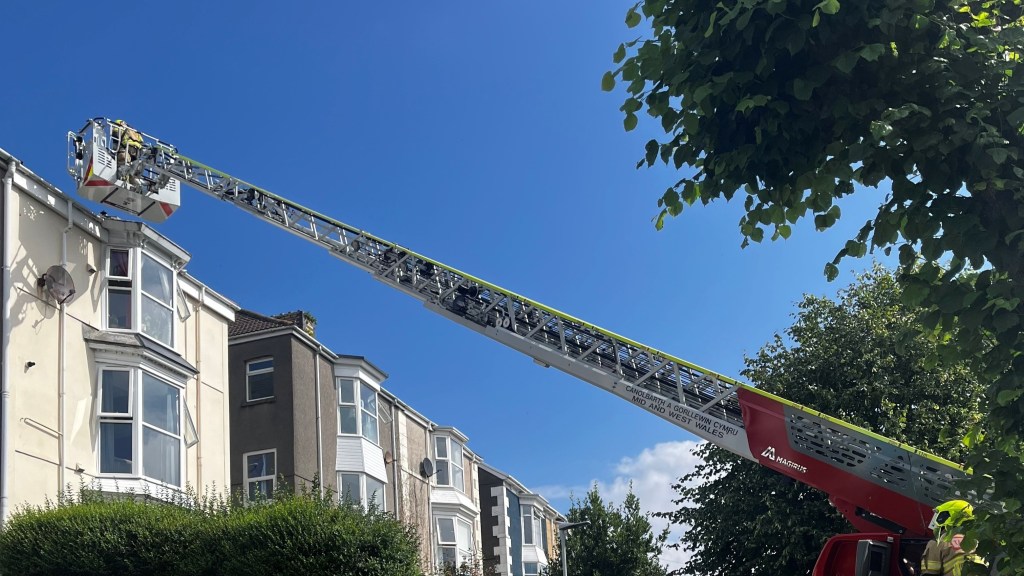 Firefighters from Morriston Fire Station used a specialist turntable ladder — and cat treats — to rescue a feline stranded on a three-storey rooftop in Brynmill, Swansea